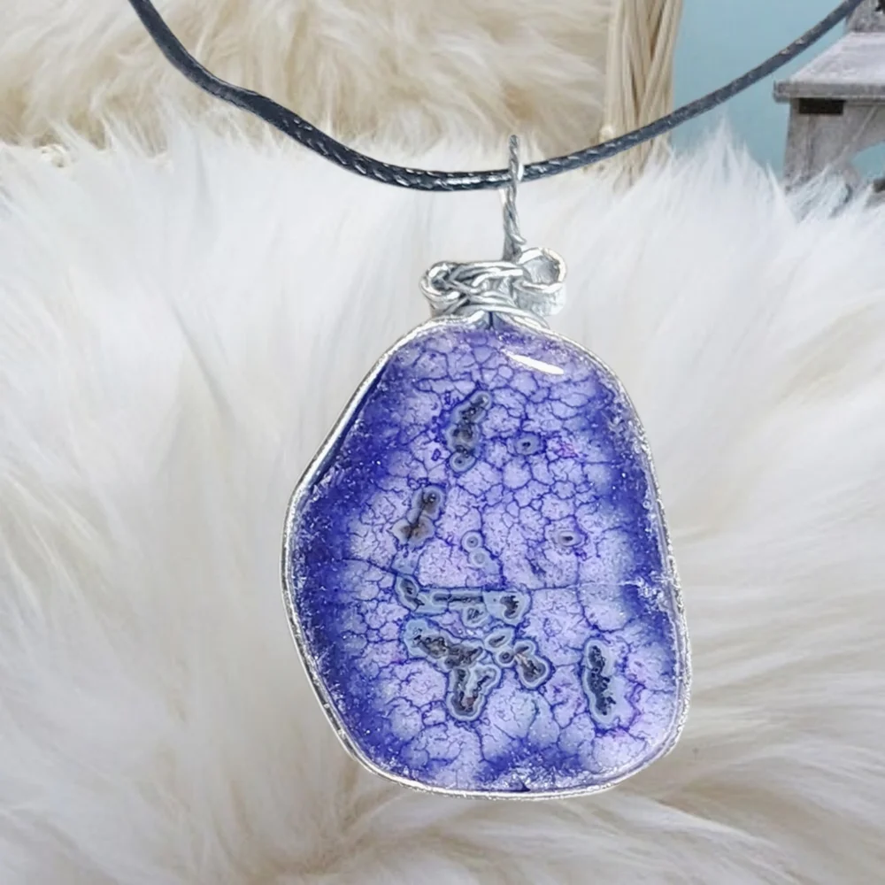 Handmade Natural Druzzy Pendant with Black Cord Necklace
